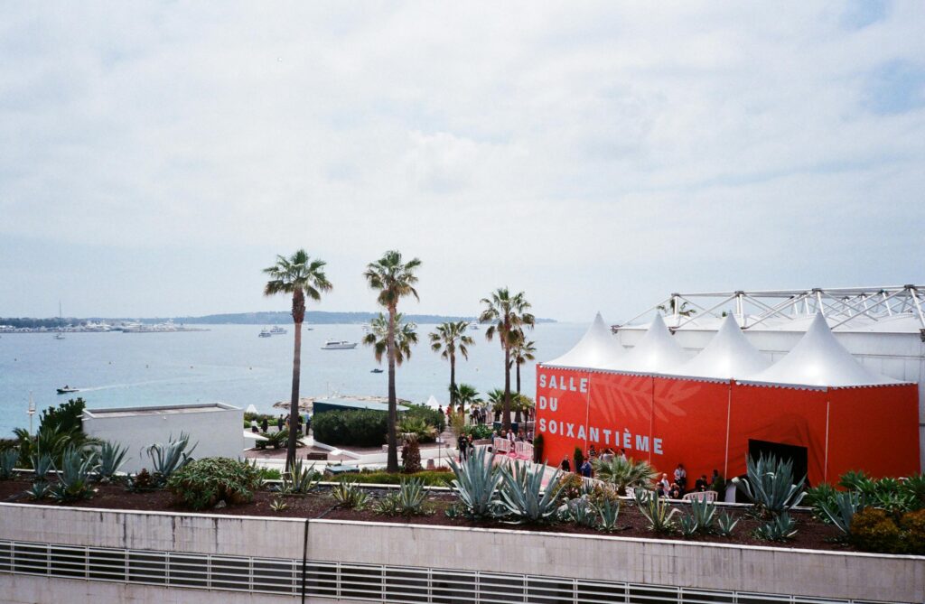Beautiful coastal view with palm trees, ocean, and a red event tent.